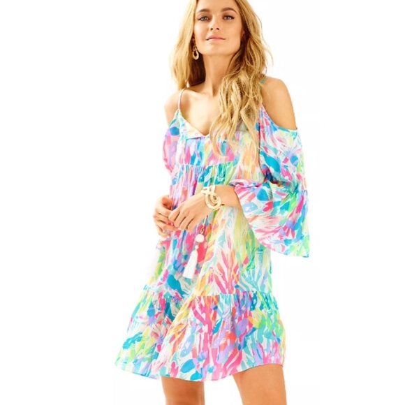 LILLY PULITZER Alanna Off The Shoulder Dress in Multi Sparkling Sands – Size M - Picture 1 of 16